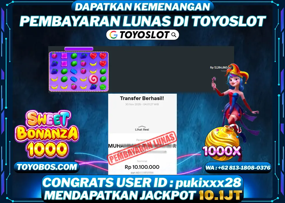 TOYOSLOT - BUKTI KEMENANGAN JACKPOT Sweet Bonanza 1000 Rp10,100,000,- LUNAS